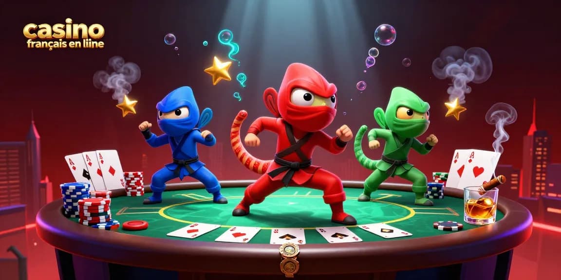 Découvrez un monde de jeux captivants dans un casino français en ligne avec des caméléons ninjas illustrés.