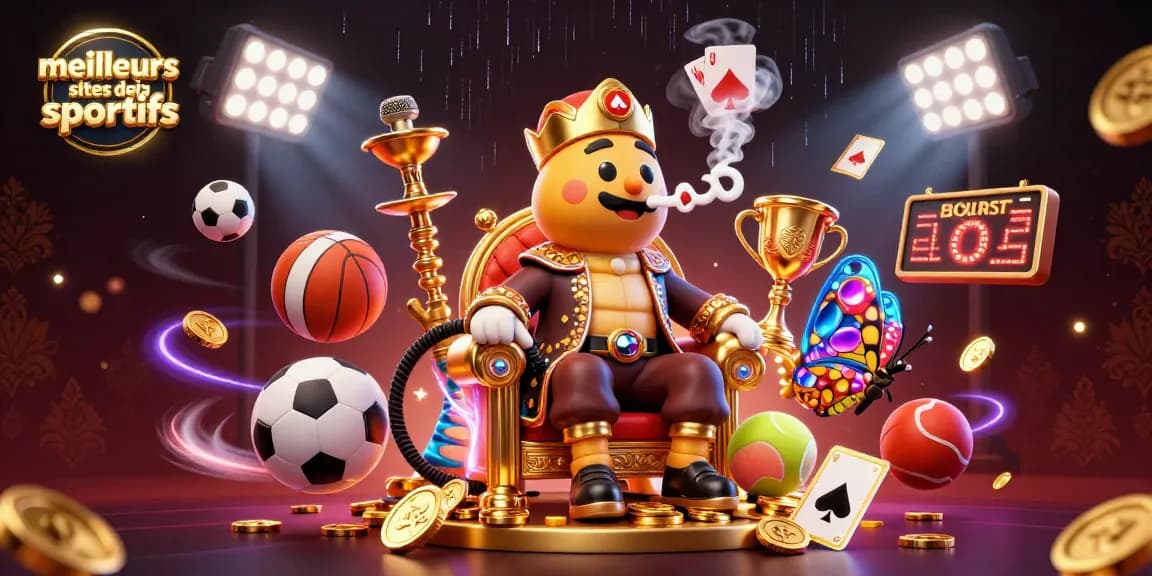 Les meilleurs sites de paris sportifs: illustration d'une scène dynamique avec un maître narguilé et des éléments sportifs.
