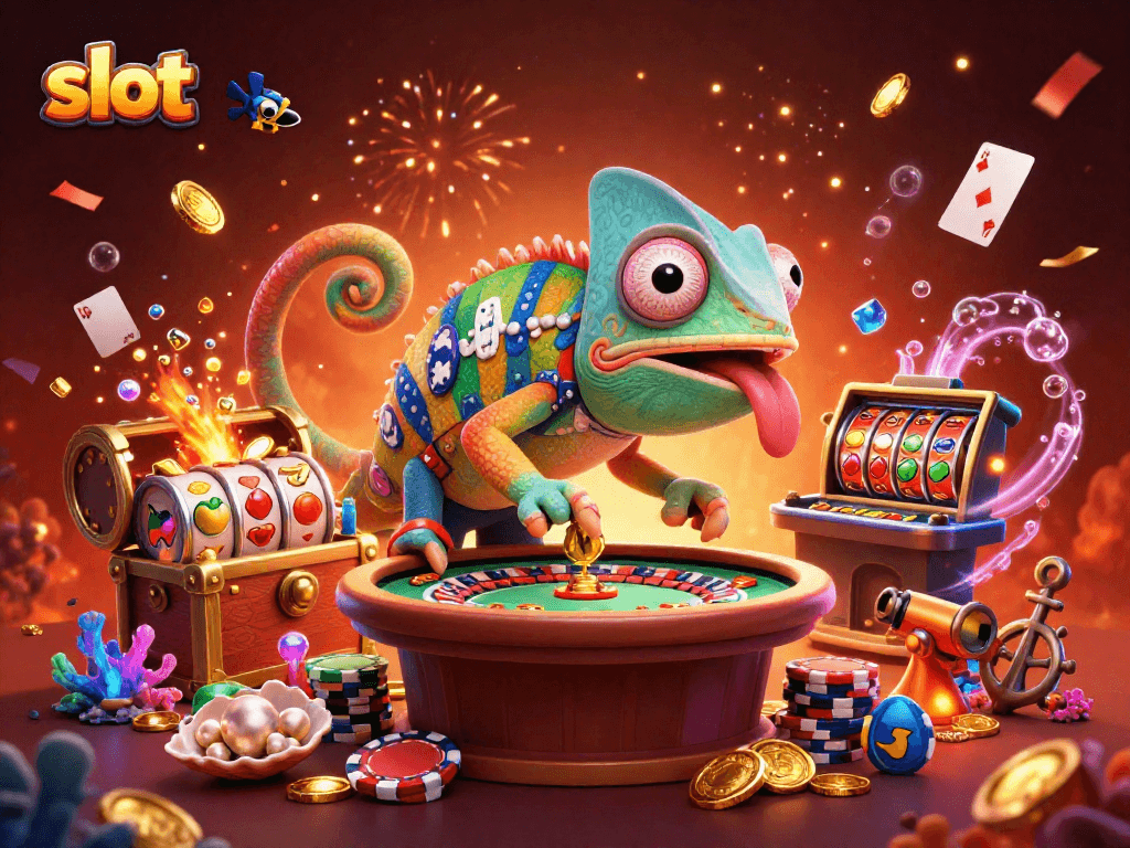bermain slot dengan chameleon kasino yang menarik koin emas dan simbol beruntung dalam suasana meriah