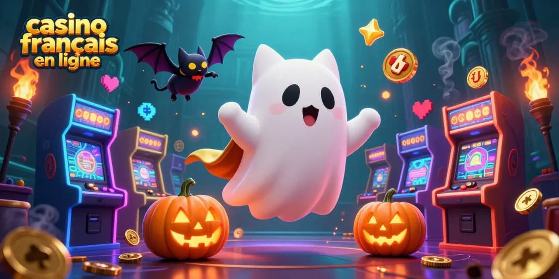 Jouez dans un casino français en ligne avec un chat fantôme amusant et un vampire, entourés de machines de jeux colorées.