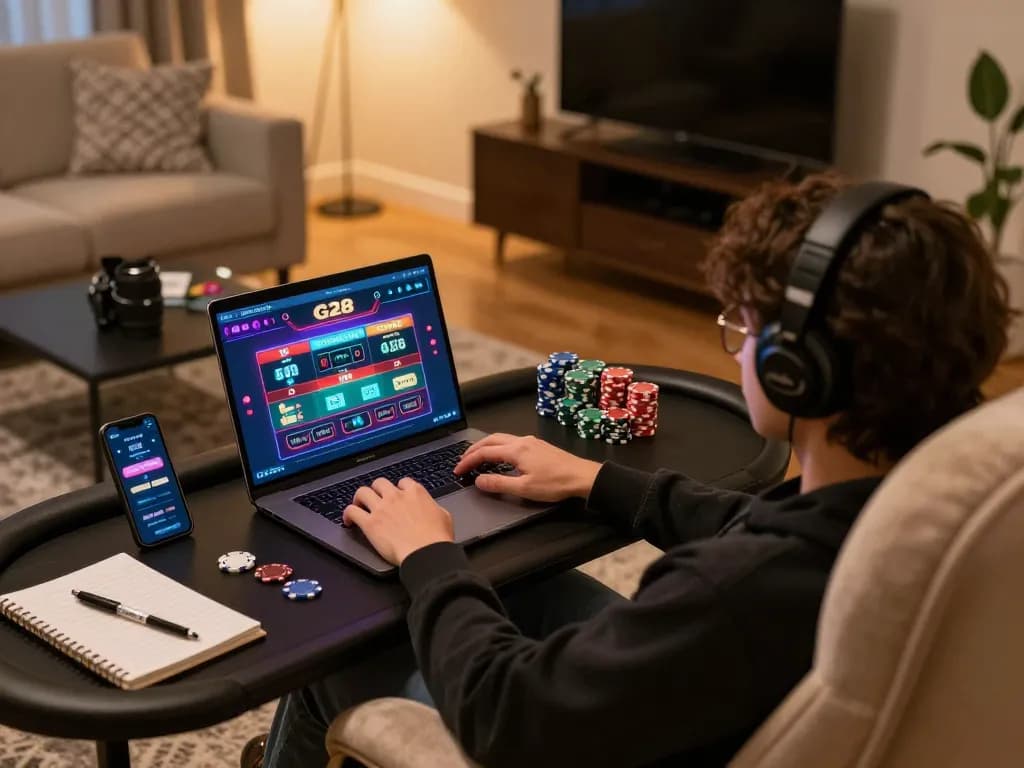G28 online gaming setup showing player making strategic bets on laptop in cozy environment