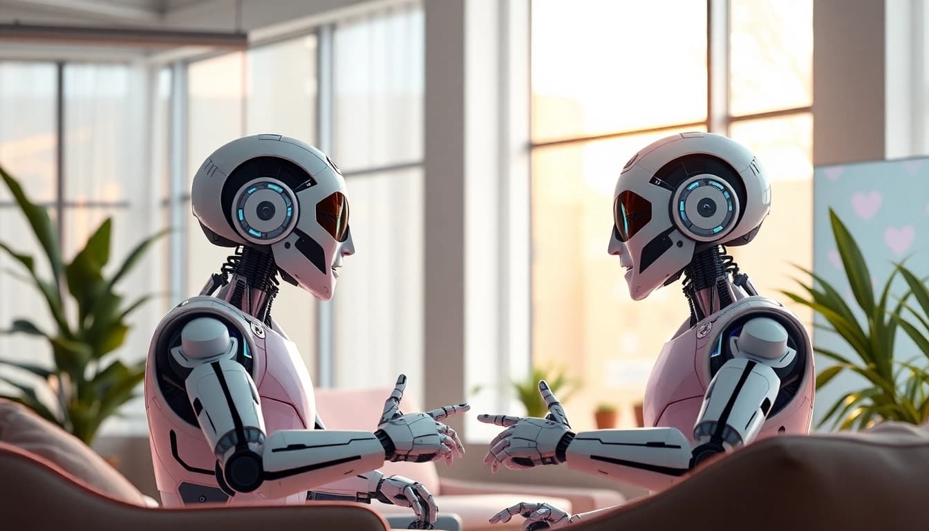 Chatbots in a modern workspace discussing relationships with soft lighting and a friendly atmosphere related to sex ai.