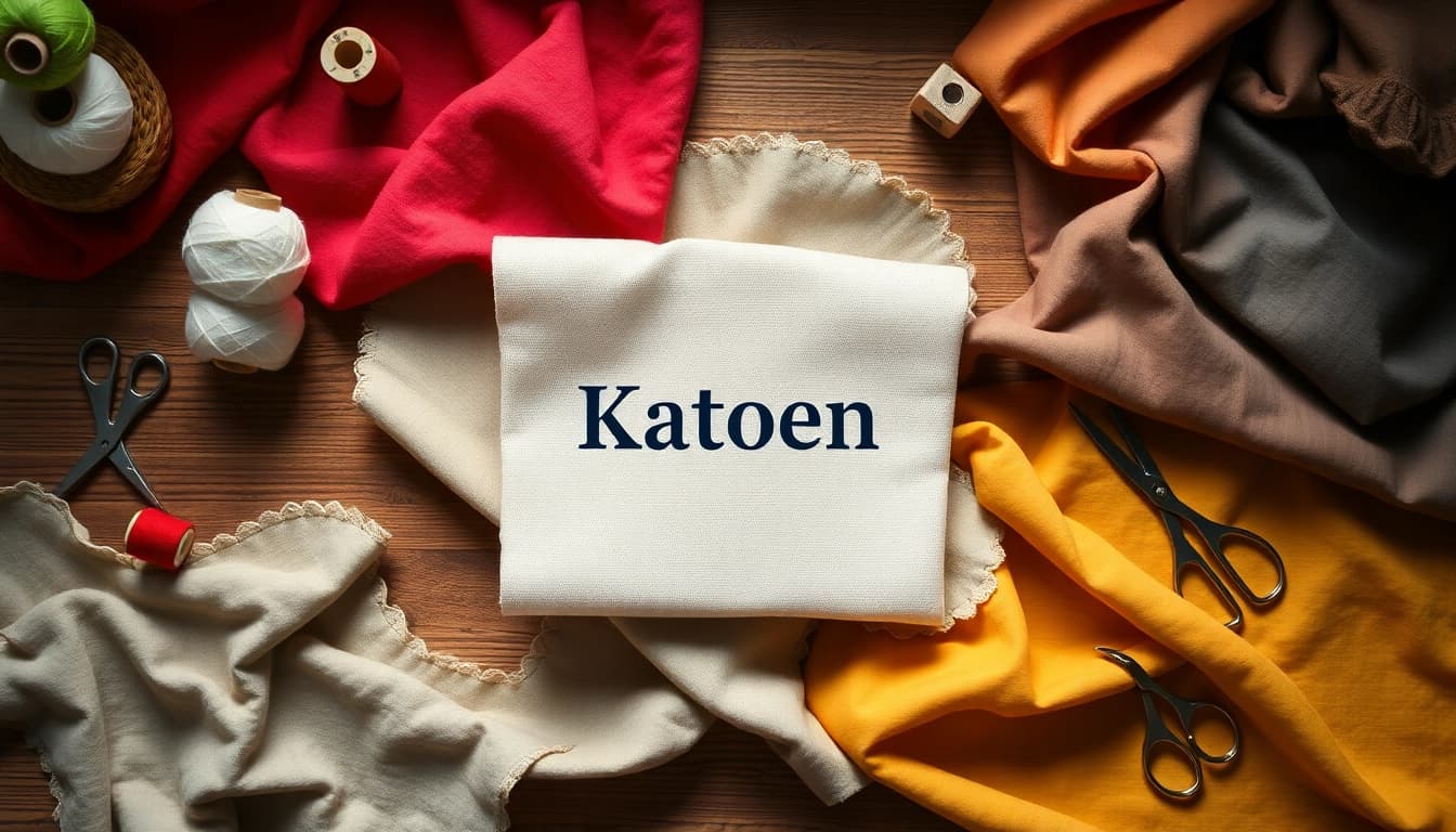 Katoen stoffen met diverse kleuren en texturen op een houten tafel.