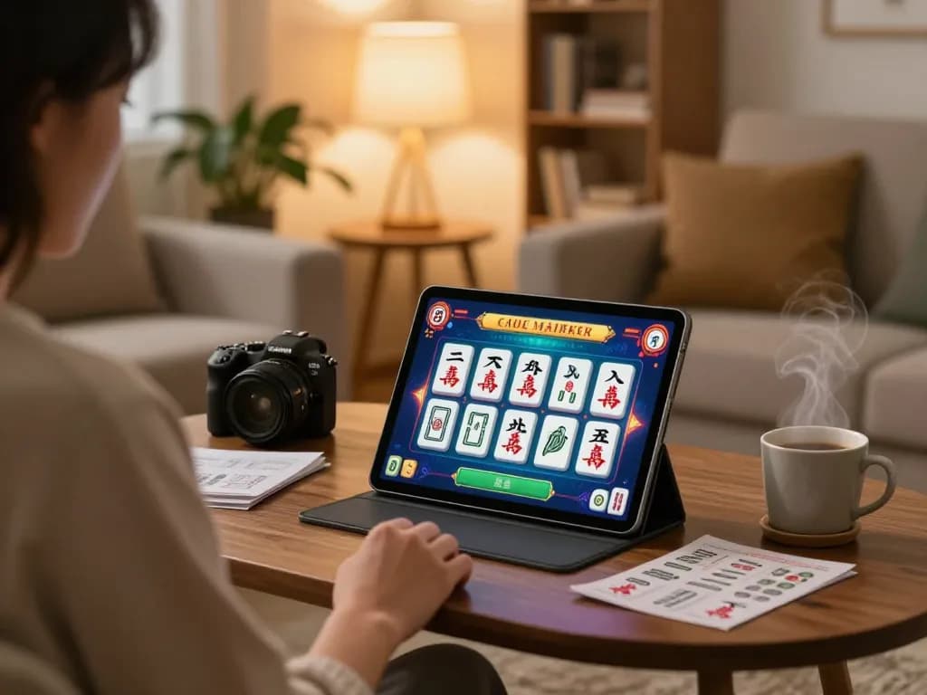 Person enjoying Mahjong Slot on tablet, with stylish gaming notes and warm atmosphere.