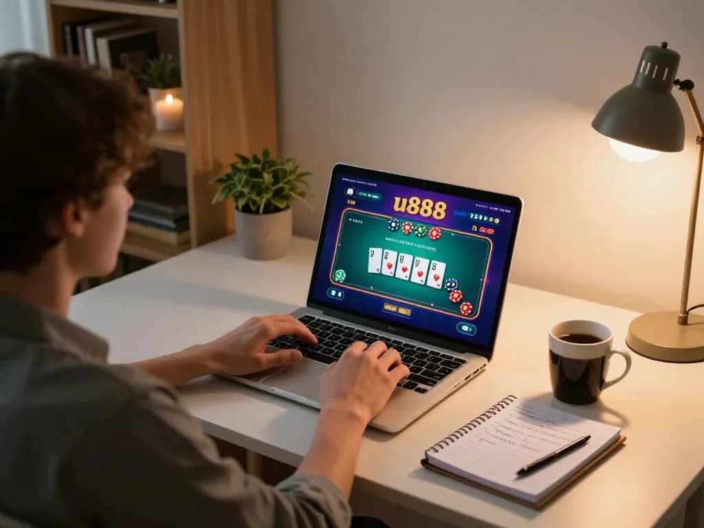 Engaging in online poker at u888 casino with strategic notes beside the laptop.