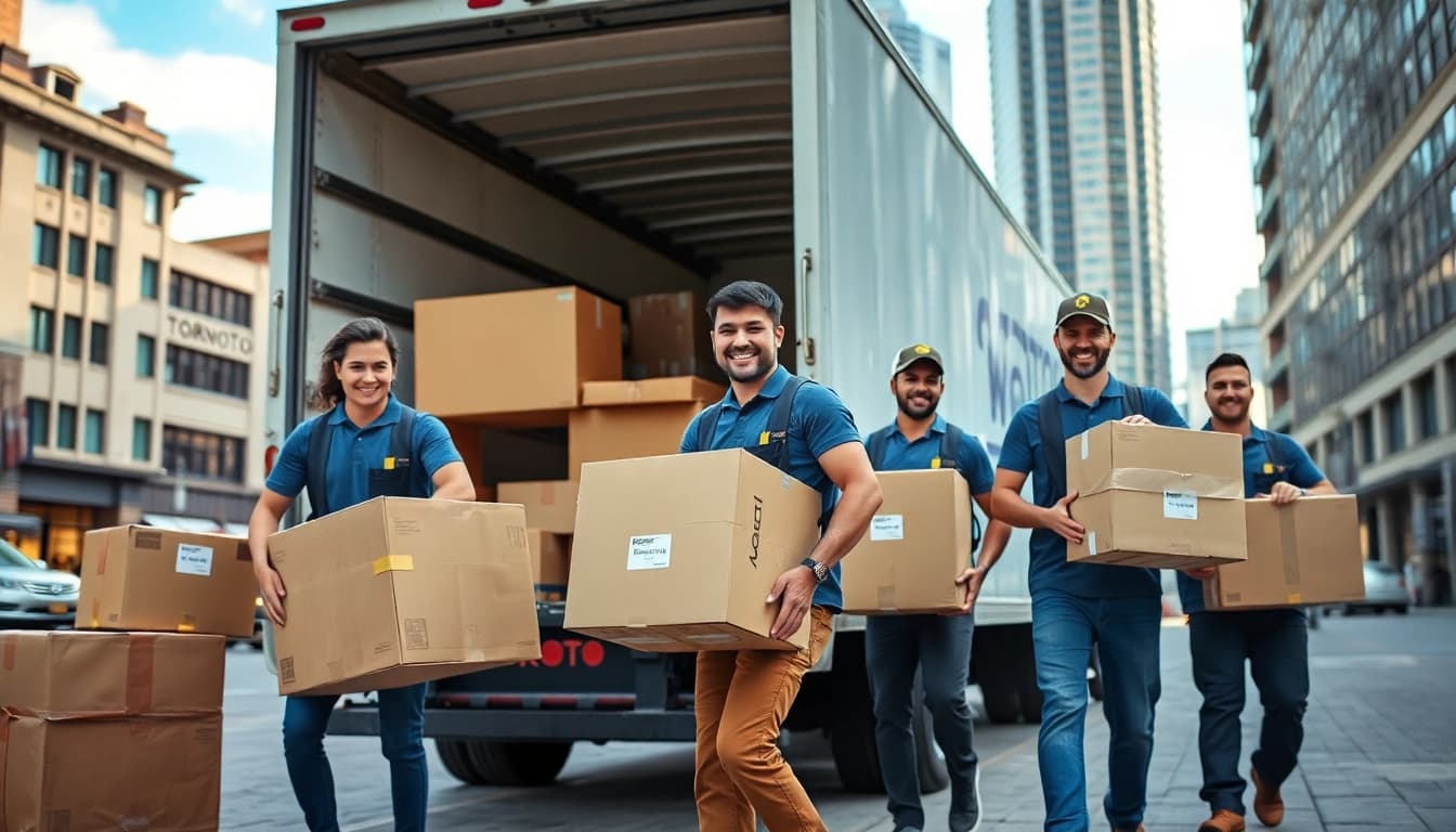 Toronto movers collaborating efficiently while transporting furniture in an urban setting
