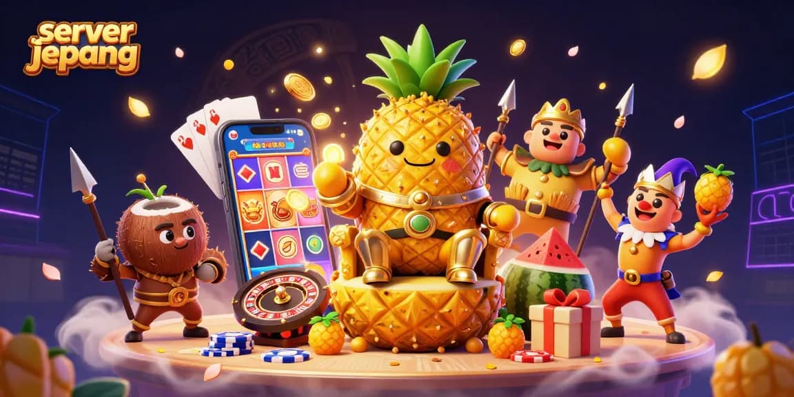 Engage with server jepang's dynamic casino scene featuring slot games, golden coins, and colorful characters.