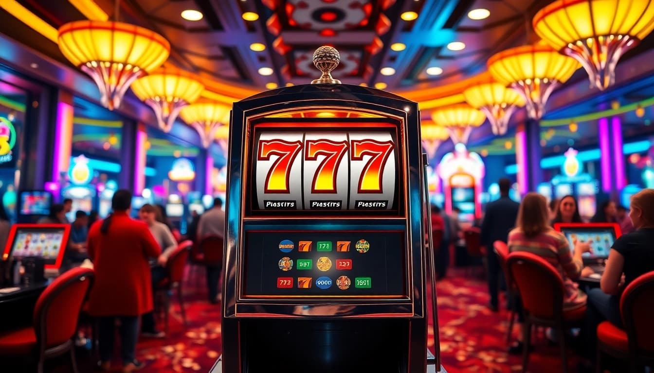 Slot 777 yang menarik dalam mesin slot modern di kasino yang ramai, penuh warna dan kegembiraan.
