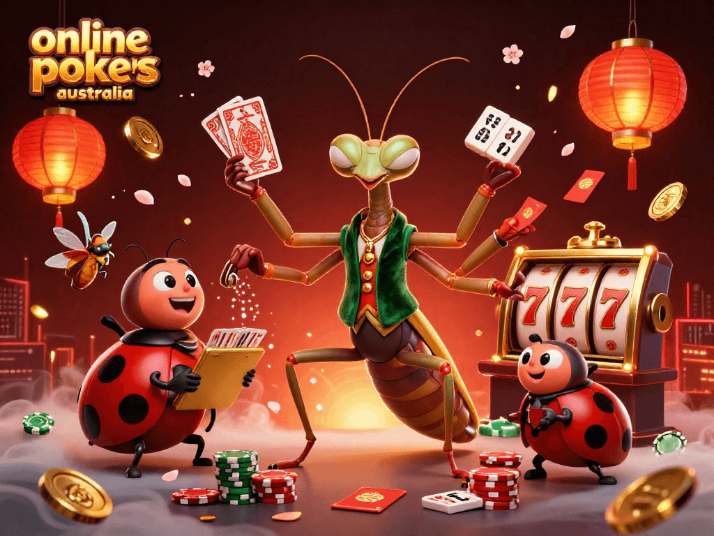 Engage with online pokies Australia in this dynamic casino scene featuring vibrant game elements and charismatic characters.