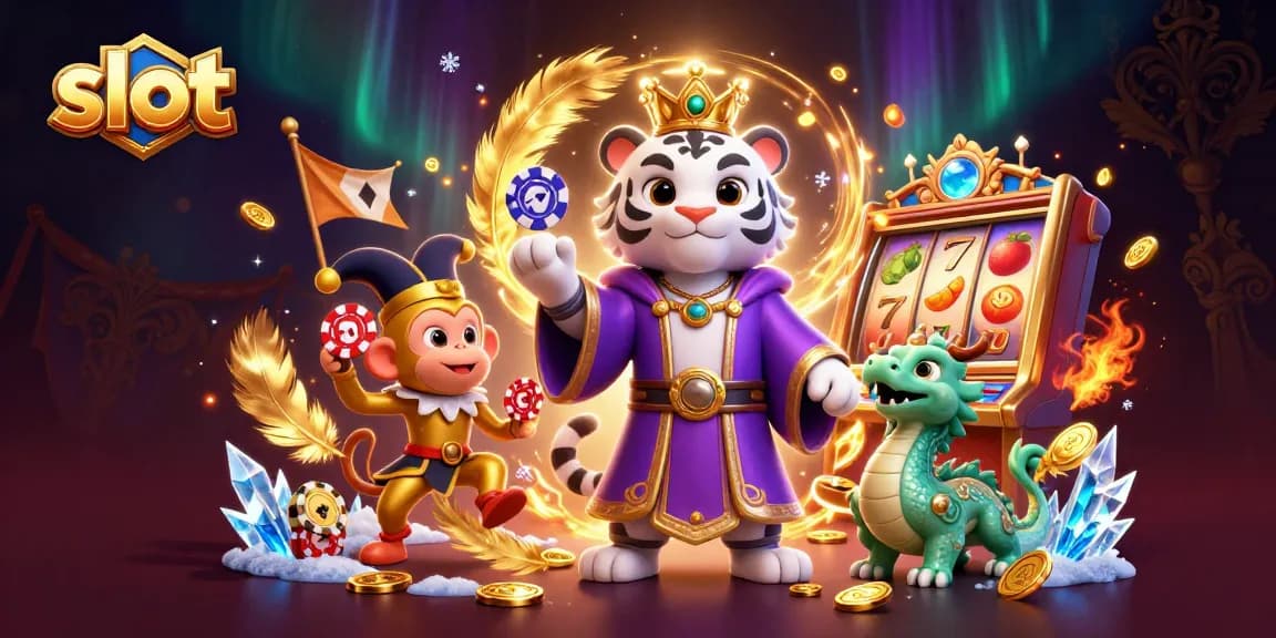 Menangkan slot dengan ilustrasi 3D macan putih dan monyet jester di arena kasino.