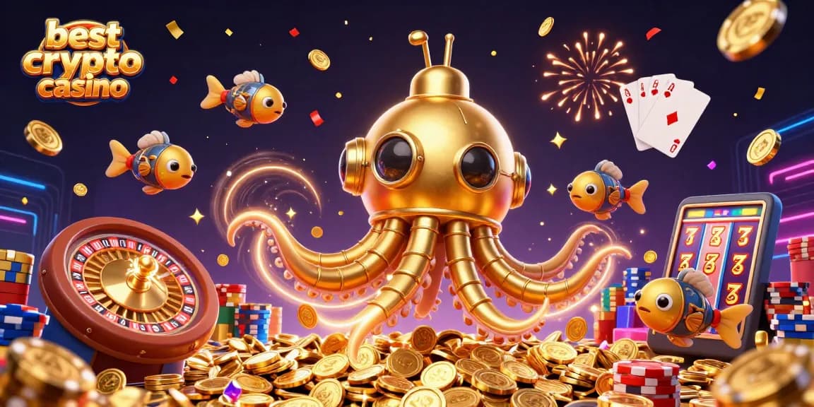 Profitez de l'expérience du meilleur casino crypto avec un kraken doré et des jeux scintillants.