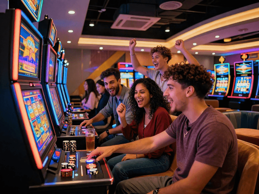 Group of friends celebrating a slot bonus win in a vibrant casino lounge with colorful lights and excitement.