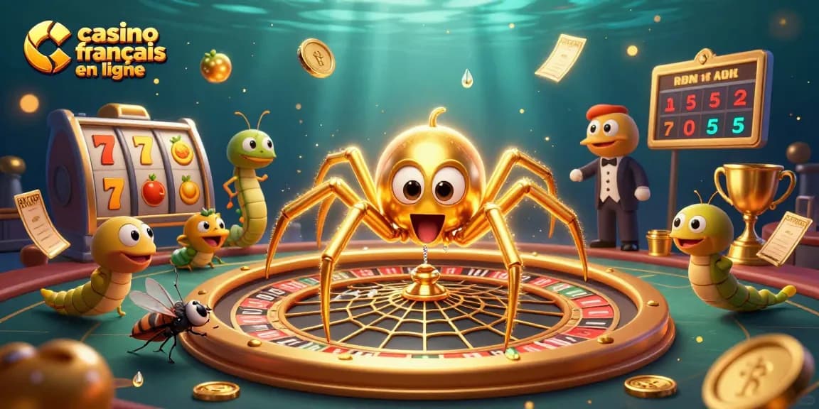 Jouez au casino français en ligne avec la toile dorée de la roulette, entouré d'éléments de jeu.