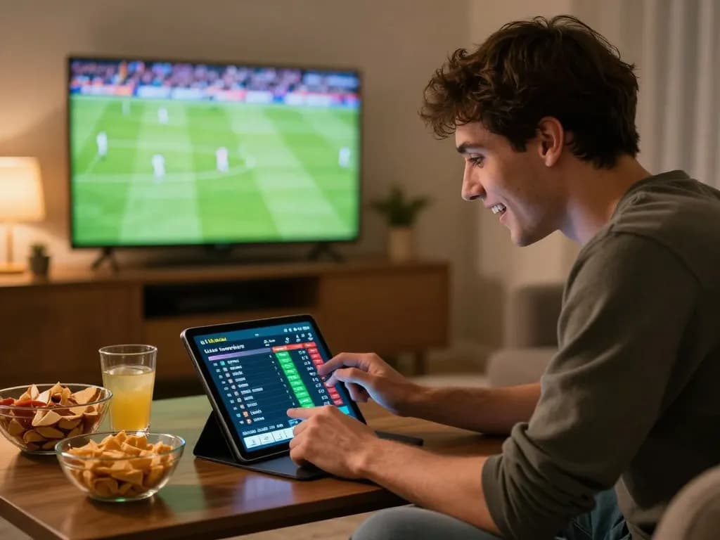 Engaged sports bettor using the 7meter bola app on a tablet to analyze odds during a live match.