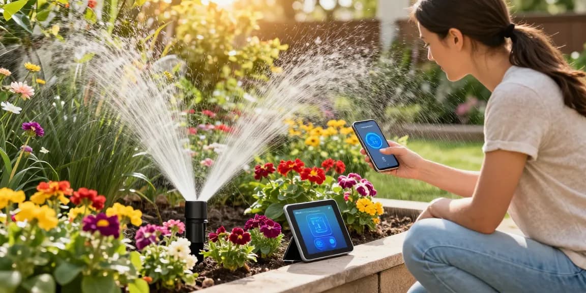 Homeowner using a rainpoint wifi water timer in a lush garden setting, adjusting watering schedules with smartphone.