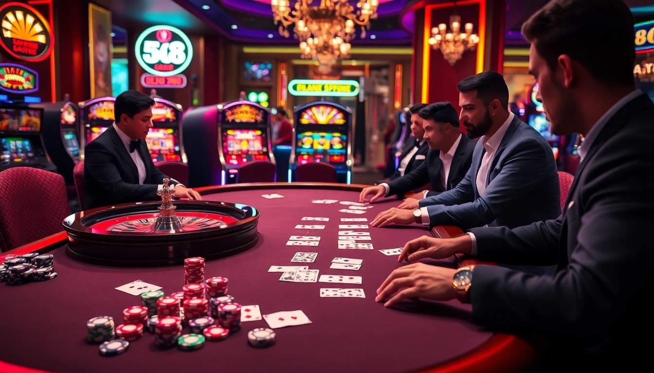 F168 players enjoying a high-stakes poker game with vibrant chips and cards.