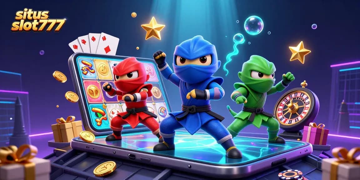 Situs slot777 features a vibrant scene with chameleon ninjas showcasing synchronized action amidst colorful slot game elements and dynamic casino themes.