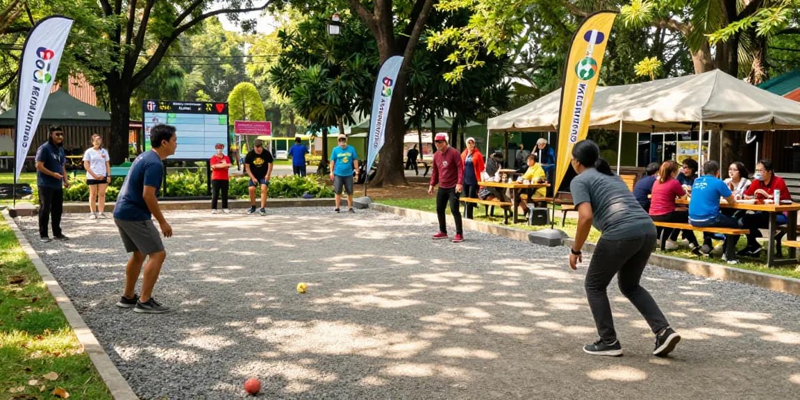 Pertandingan petanque di fopikotabontang.org dengan peserta dari semua usia berkompetisi di taman.