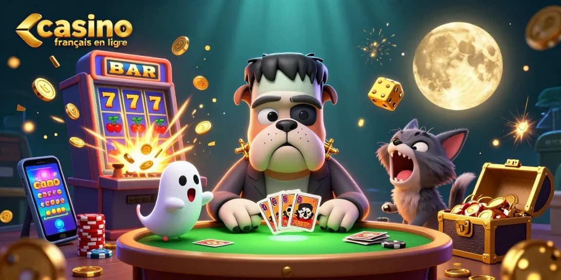 Casino français en ligne illustrant un bulldog Frankenstein jouant aux cartes et des effets de jackpot.