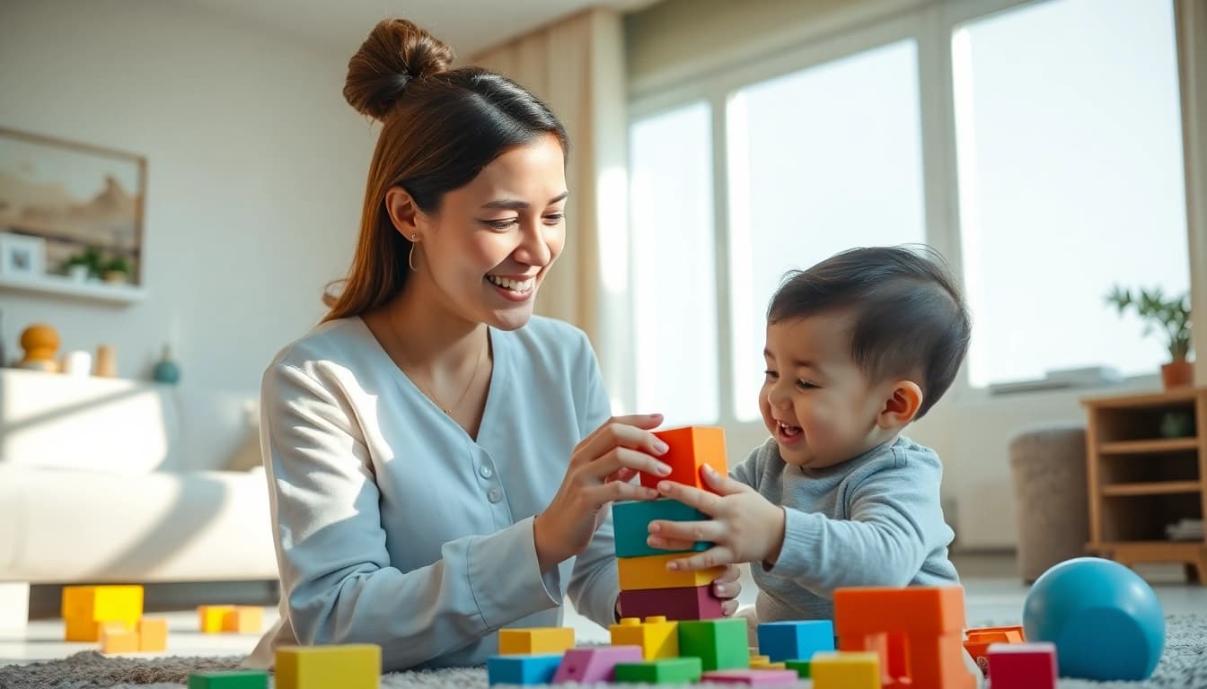 Find a live-out nanny Dubai providing caring interaction with a child in a cozy home setting.