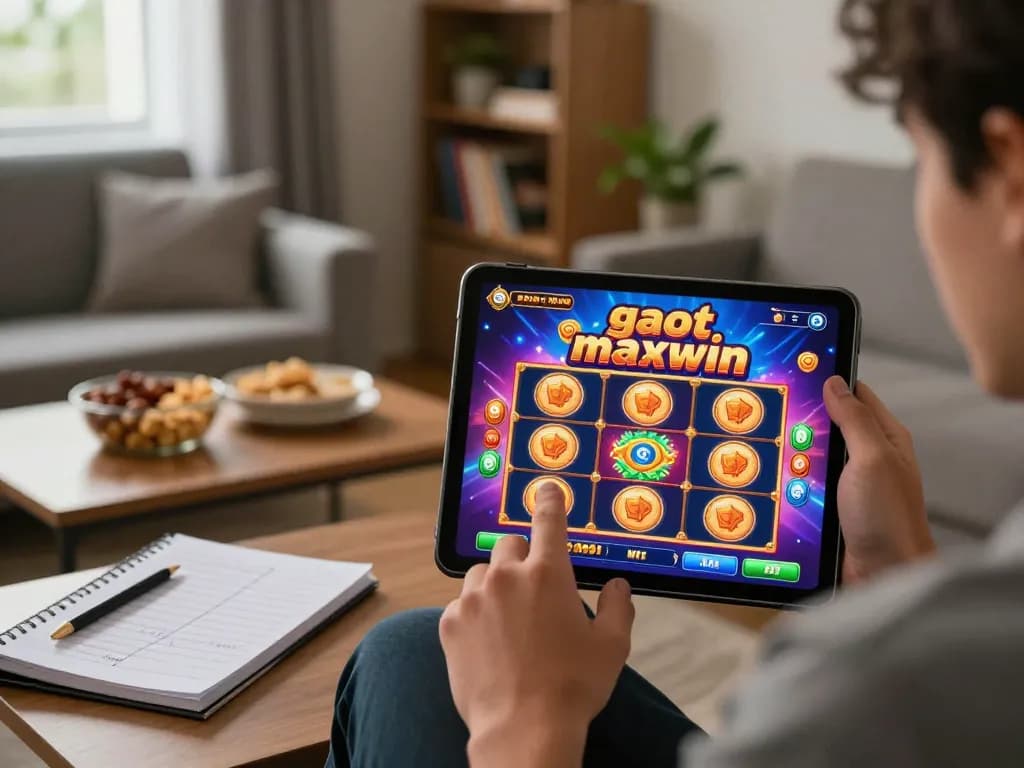 Engaging scene of online play showing slot gacor maxwin game on tablet while enjoying a cozy atmosphere