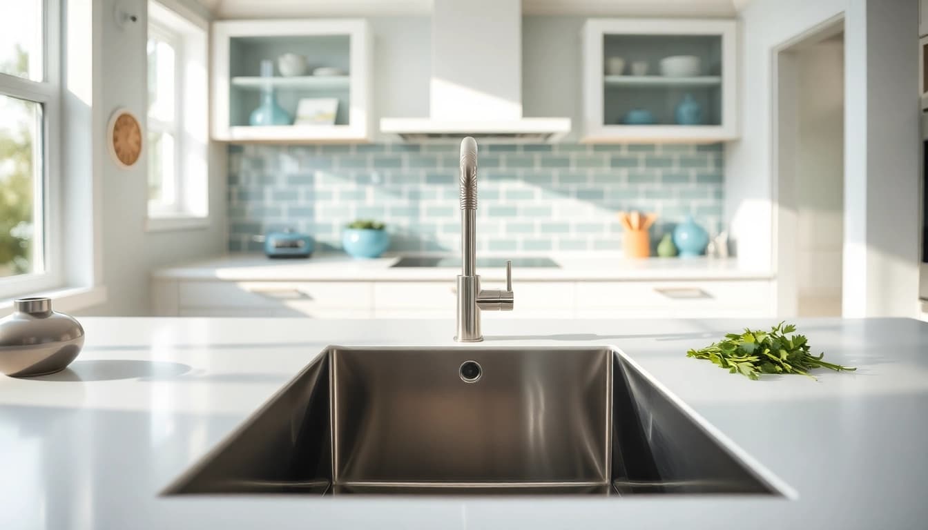 Showcase a kitchen sink in stainless steel highlighting its sleek design and modern aesthetic.