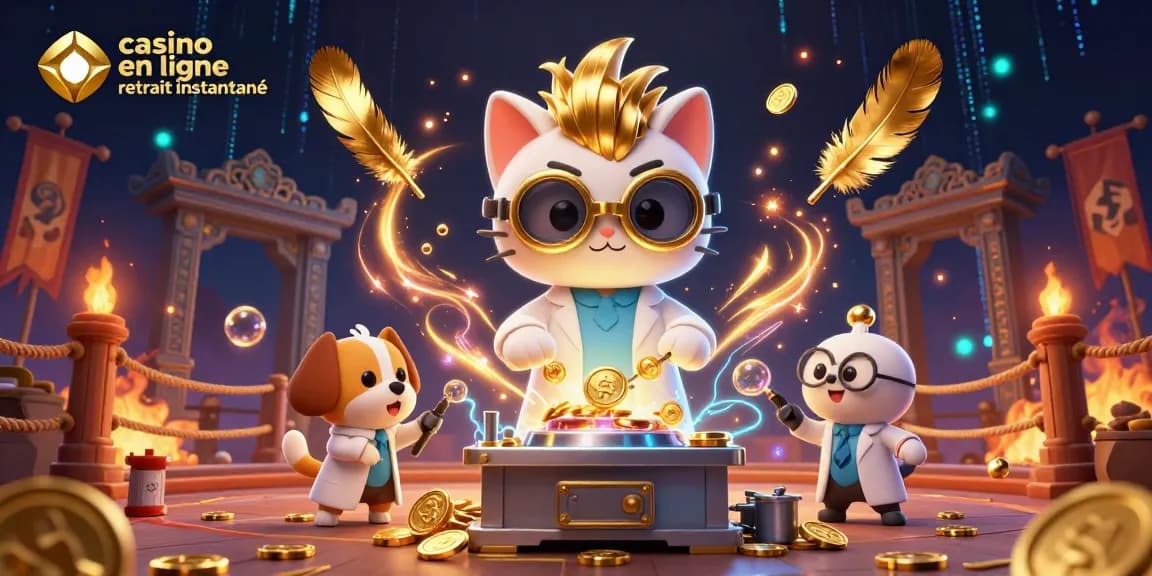 Une scène dynamique de casino en ligne retrait instantané avec un chat scientifique et un chien assistant, entourés de pièces d'or et d'effets de lumière.