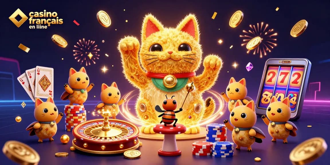 Jouez sur un casino français en ligne : illustration d'un chat porte-bonheur entouré de gains et de symboles de casino.