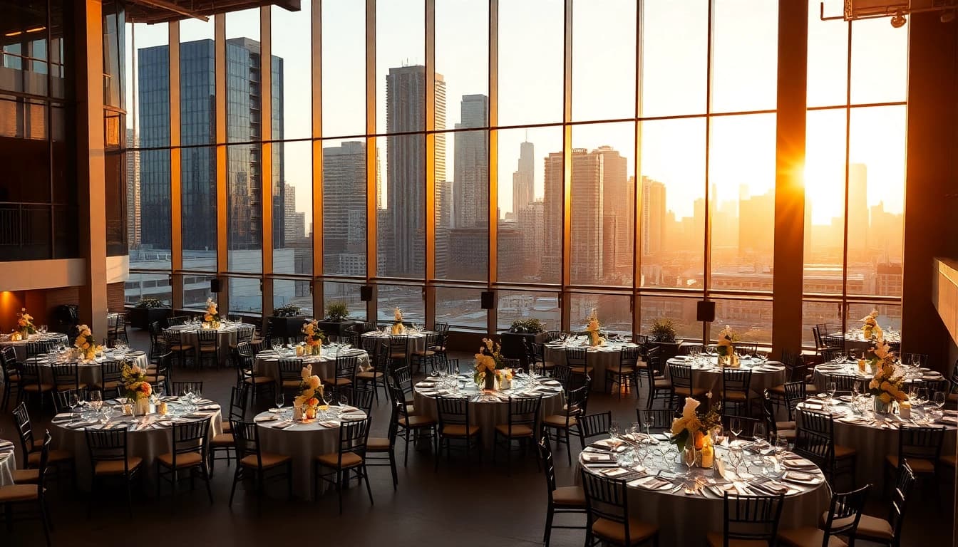 Event location with elegant furnishings and city skyline backdrop.