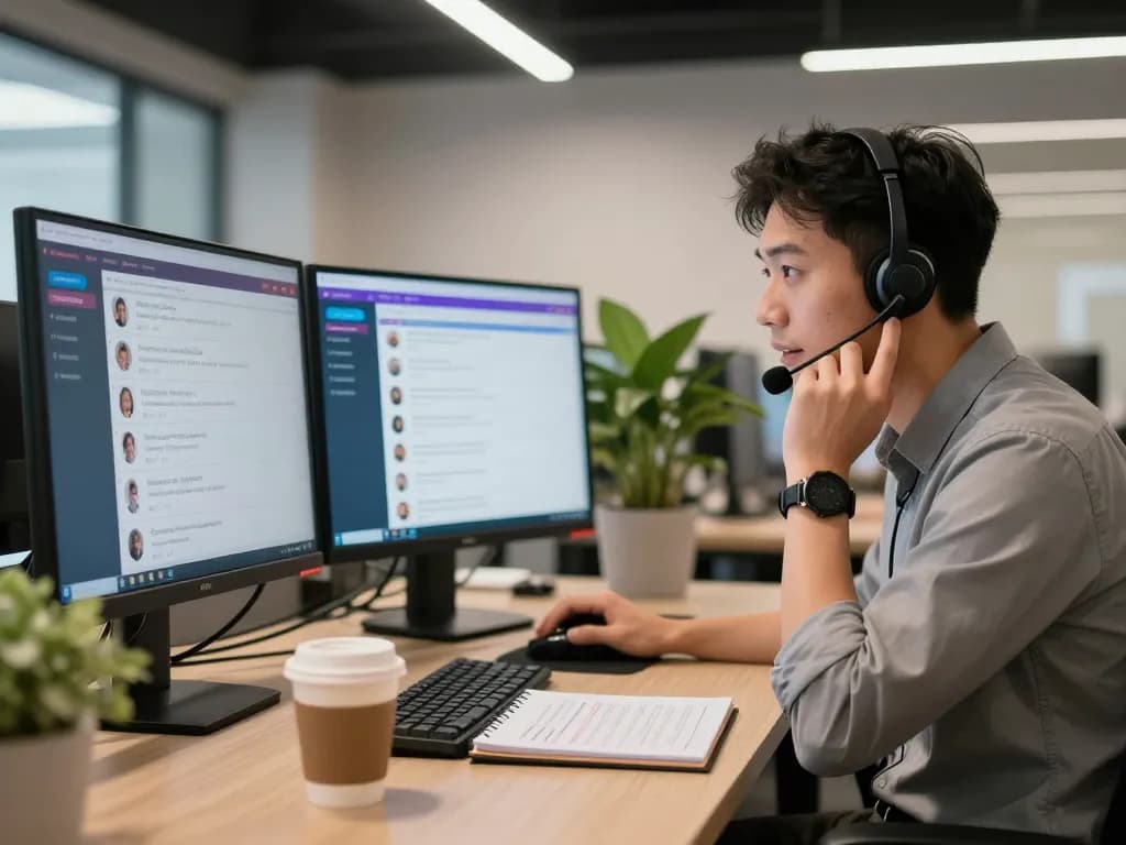 Dedicated customer service representative at CSKH 24/7 hubet88 assisting clients in a modern office setup.