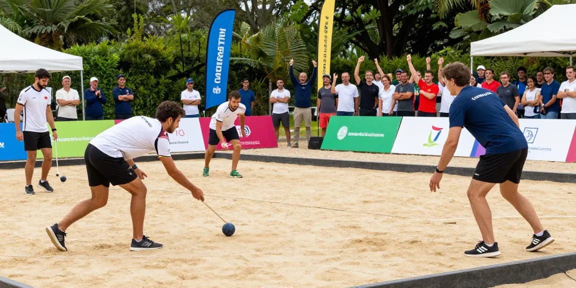 Atlet petanque dalam pertandingan seru di fopikotamanado.org, menunjukkan aksi melempar bola di lapangan pasir.