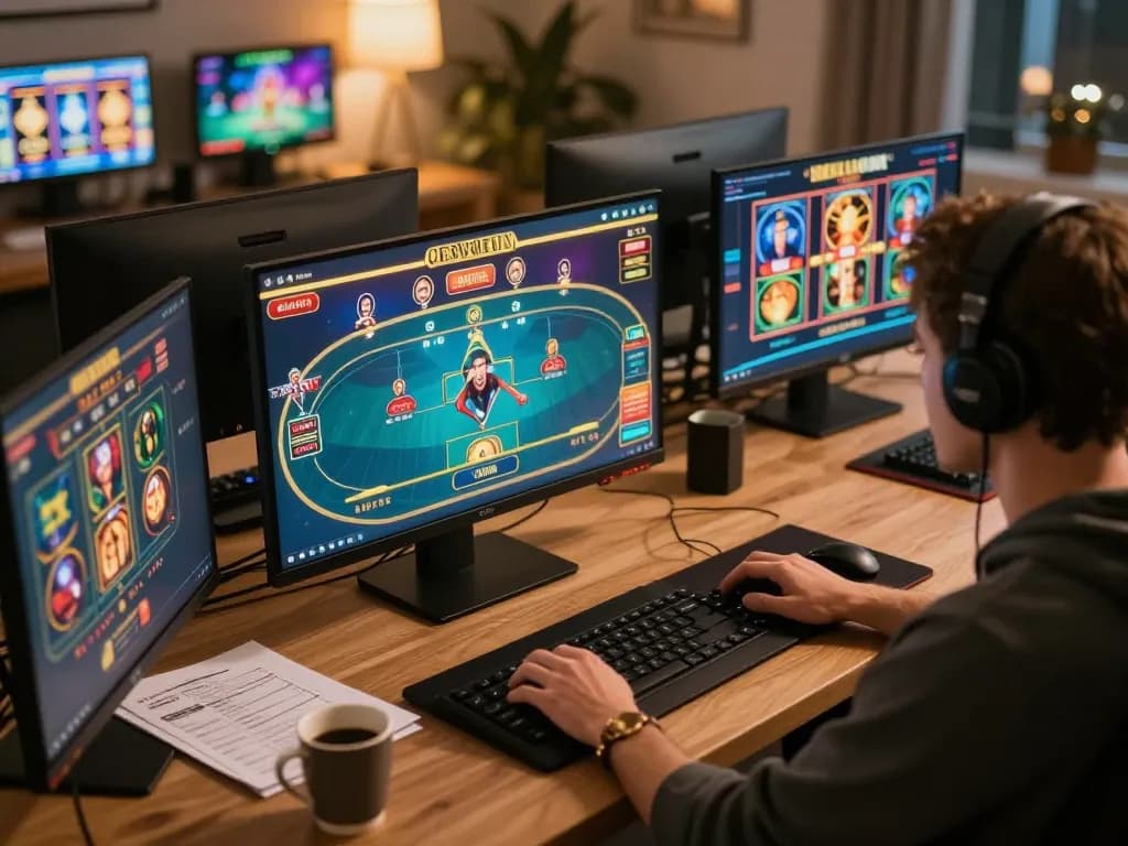 Engaging gameplay experience at MM 88 online casino setup with multiple screens and strategy notebook.