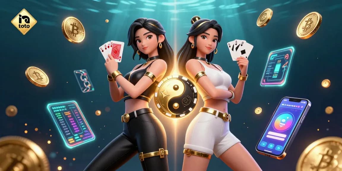 Experience an exciting toto casino atmosphere with twin women showcasing their poker skills amidst glowing crypto elements.