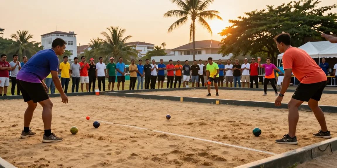 Turnamen petanque di fopikotapontiana.org dengan pemain bersemangat dan penonton yang mendukung.