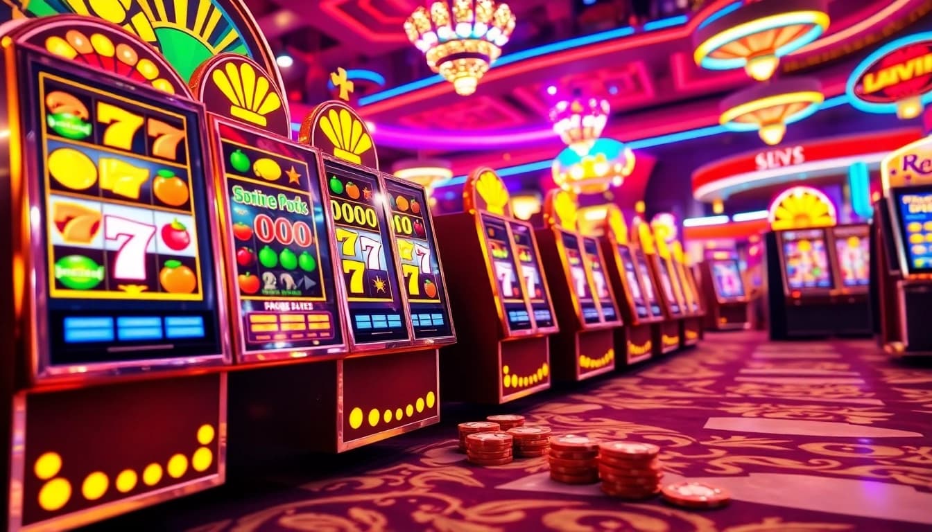 Menangi permainan slot dengan slot depo 1k, simbol slot penuh warna dan suasana kasino yang hidup.