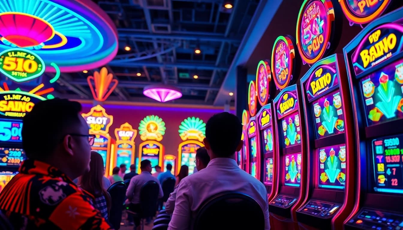 Menangkan jackpot di slot 50 perak yang dikelilingi oleh suasana kasino yang penuh warna.