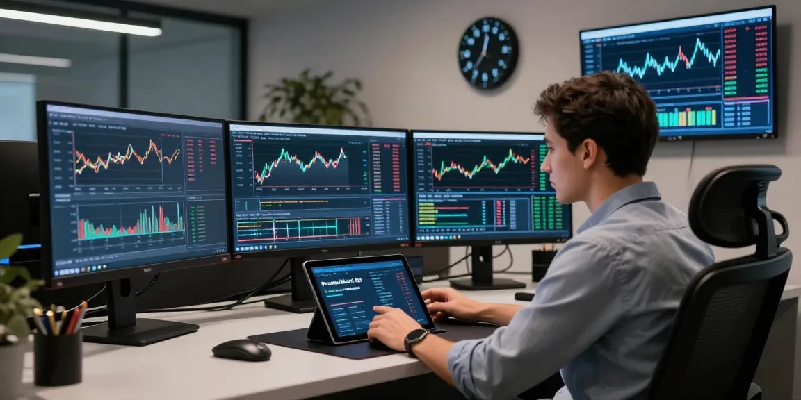 Real-time Forex data analysis using precious metal WebSocket API on multiple monitors in a high-tech trading environment.