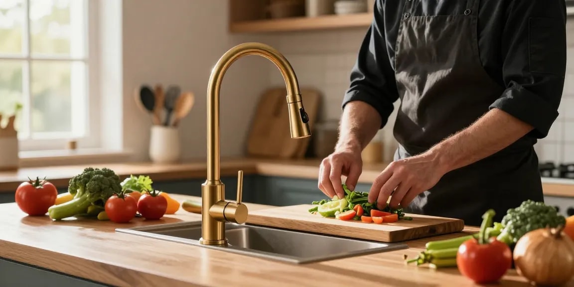 Elegant kitchen faucets made of lead-free brass showcased in a stylish modern kitchen.