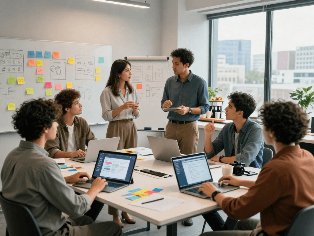 Collaboration scene with professionals using the crushon application in a modern workspace.