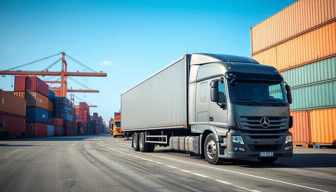 Capture a drayage truck unloading shipping containers at a bustling port.