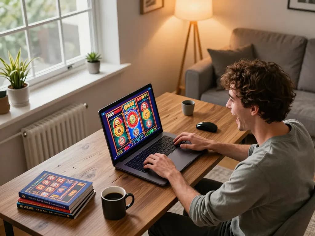 Person engaging with slot thailand games on laptop, showcasing vibrant graphics and cozy home atmosphere