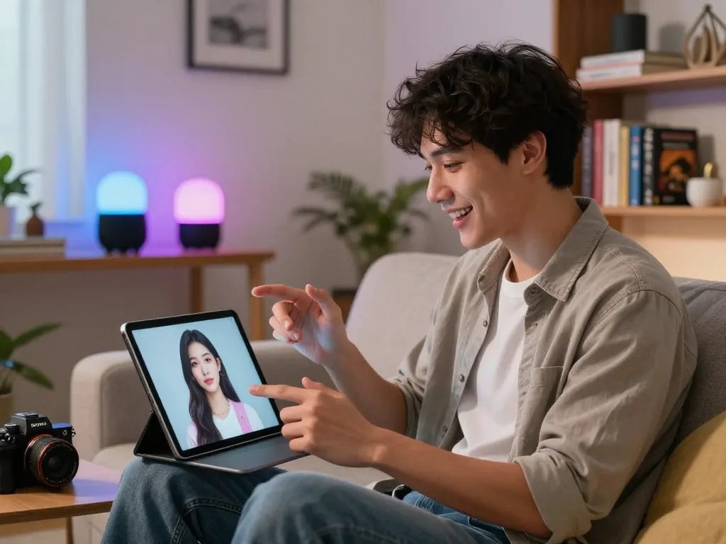 Engaging AI girlfriend conversation in a modern tech-savvy home setting.