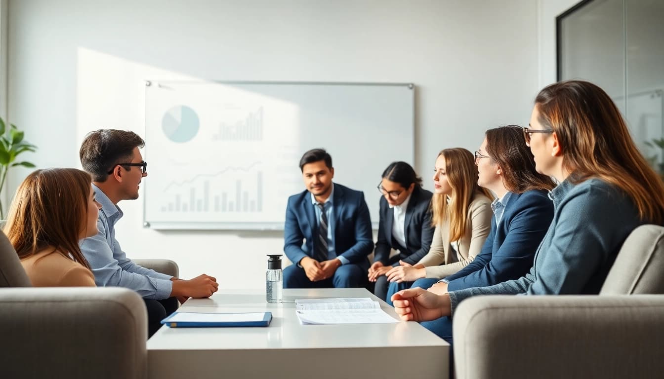 Engage in a business coaching service with a team collaborating in a modern office environment.