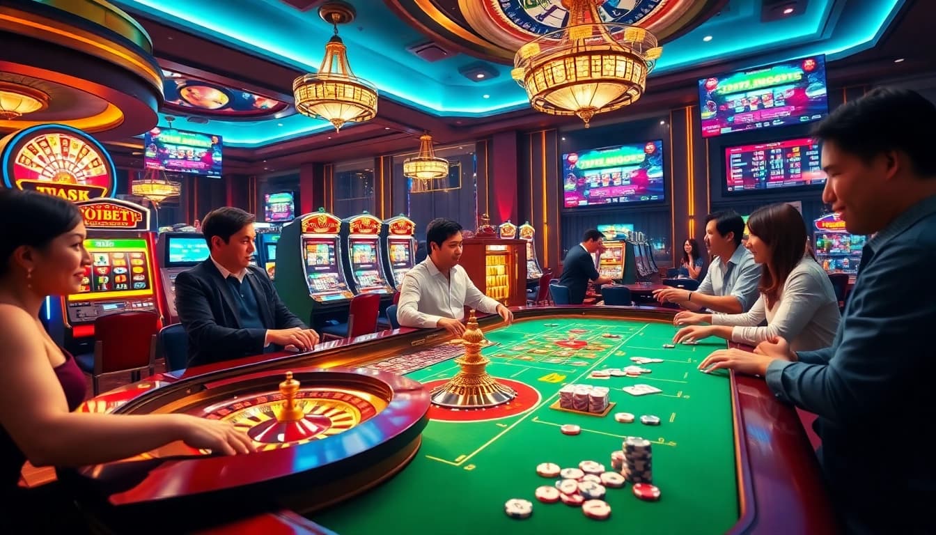 Experience the excitement of 789BET.COM with vibrant casino scenes showcasing roulette and poker games.