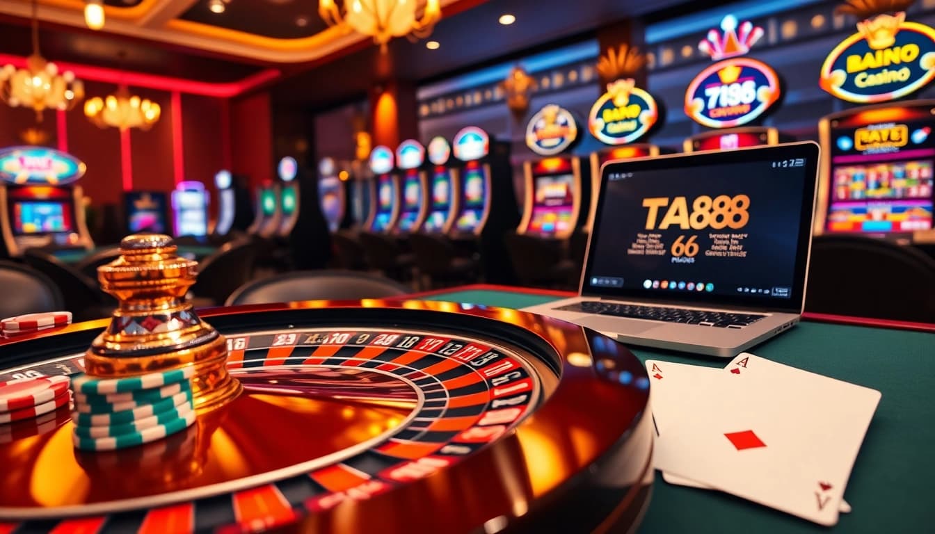 Experience excitement and luxury at TA88 with vibrant casino action featuring roulette, poker chips, and online interfaces.