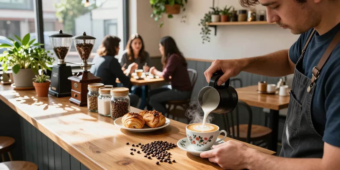 Barista crafting organic white coffee with latte art at a cozy café.