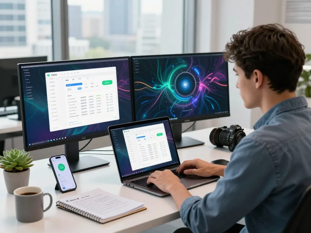 快连 user optimizing network settings in a modern workspace with dual monitors