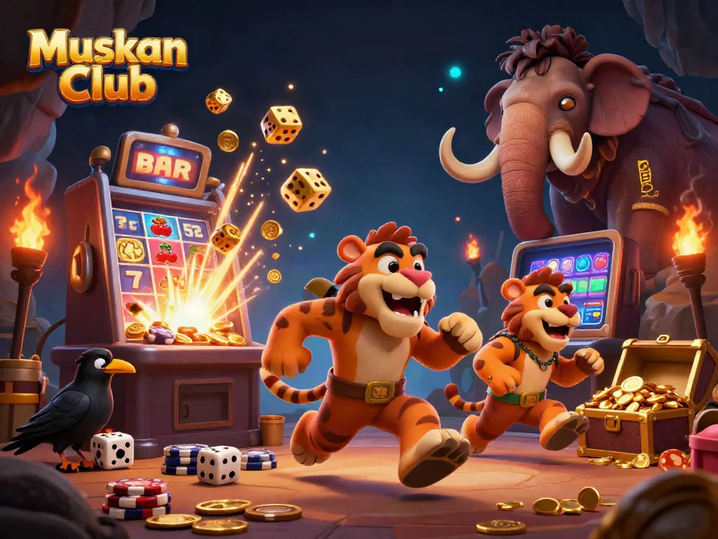 Experience thrilling gameplay at Muskan Club, where vibrant slot machines and animated characters await.