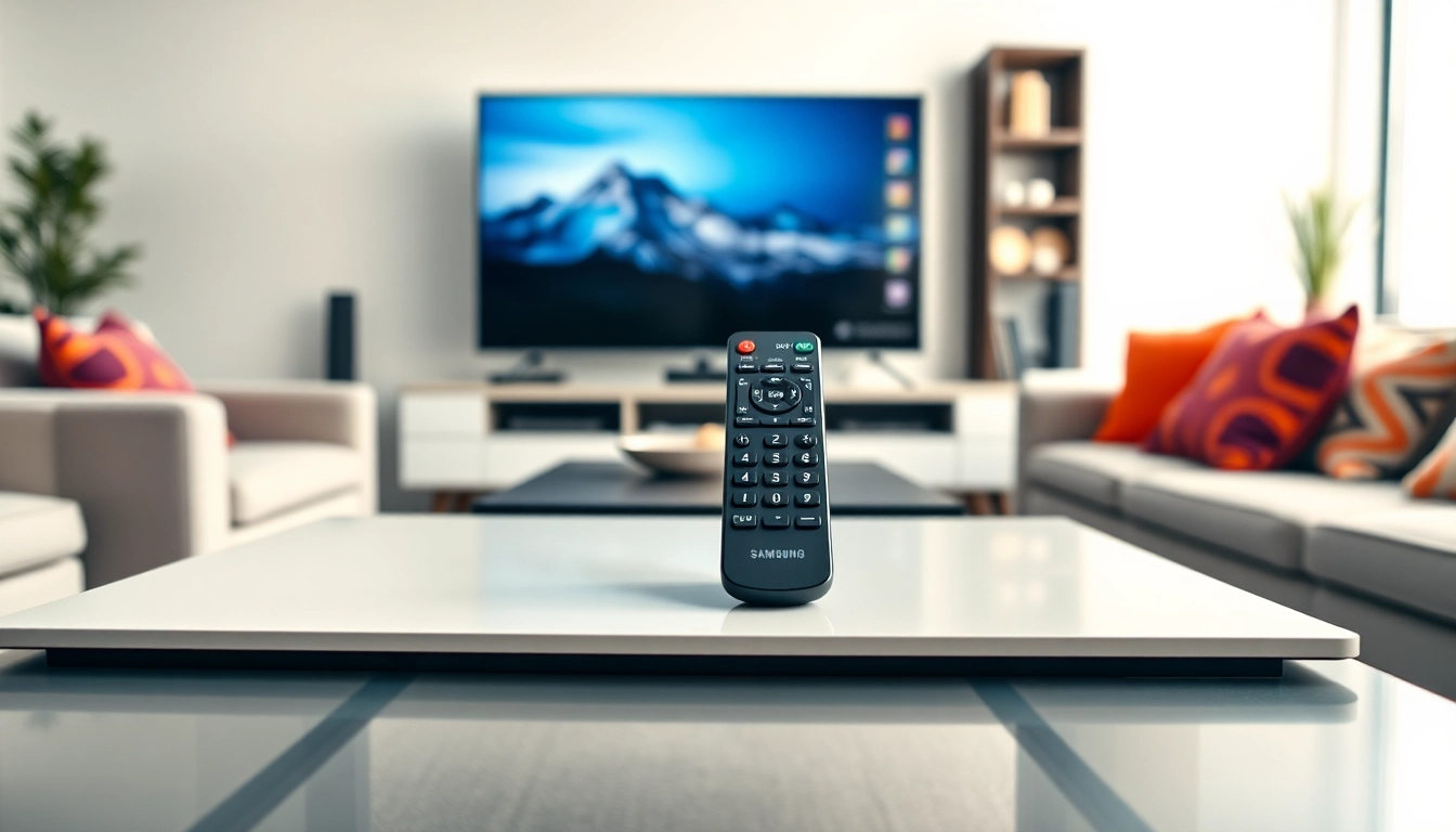 Verwenden Sie die Samsung AA59-00581A Fernbedienung auf einem modernen Couchtisch.