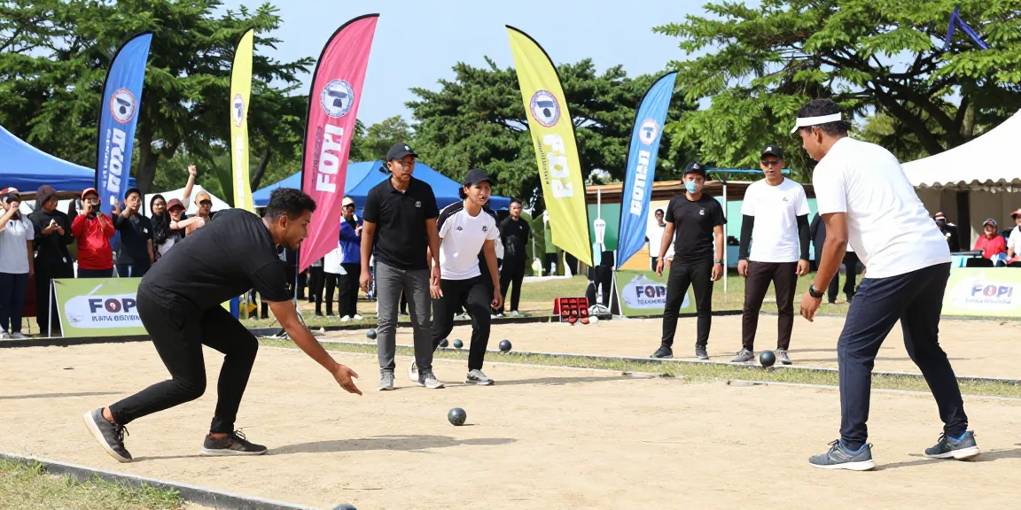 Pertandingan petanque FOPI Kota Bitung di lapangan luar ruangan dengan pemain dan penonton bersemangat.